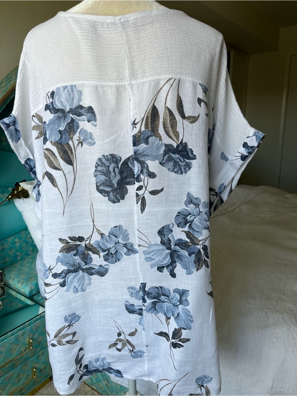 Lungo L’Ajno Linen Tunic Top 3X Blue Floral White Resort Beach Cover Up - Picture 3 of 9